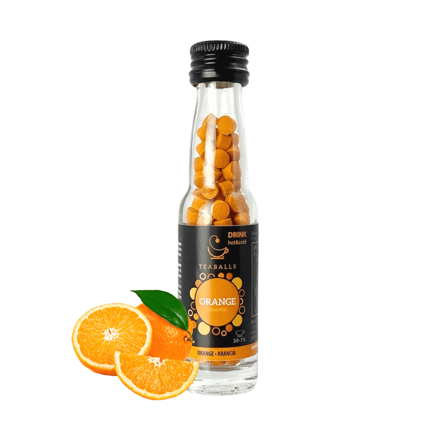 TEABALLS - Orange | Glasflasche BLACK SELECTION | 150 TEABALLS - TEABALLS OFFICIAL | TEABALLS Schweiz | Tee ohne Beutel