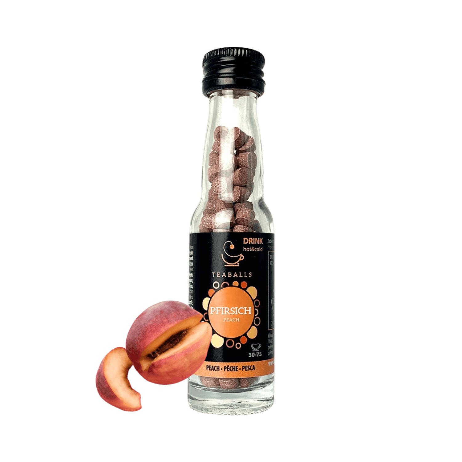TEABALLS - Pfirsich | Glasflasche BLACK SELECTION | 150 TEABALLS - TEABALLS OFFICIAL | TEABALLS Schweiz | Tee ohne Beutel