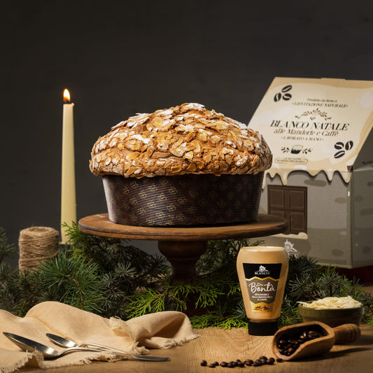 Blanco Natale Panettone alle mandorle e caffè 1 kg + 190 g di crema alla mandorla e caffè